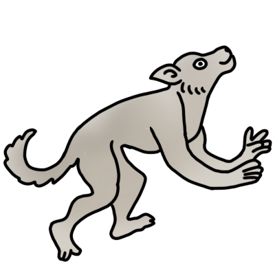 a drawing of a light grey, thin cefusa facing the right. it is a creature depicted in some medieval bestiaries, with a dog-like body and head and human-like hands and feet.